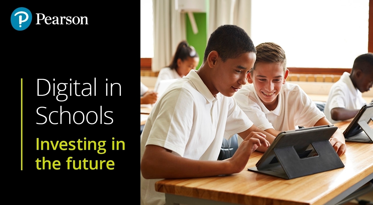 Cover image for Pearson's 'Digital in Schools' topic, featuring a modern classroom with students using laptops and tablets