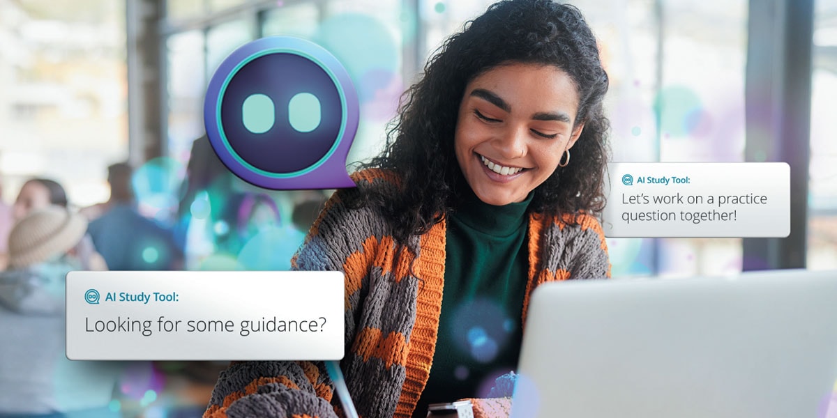 Student at laptop, working with AI study tool